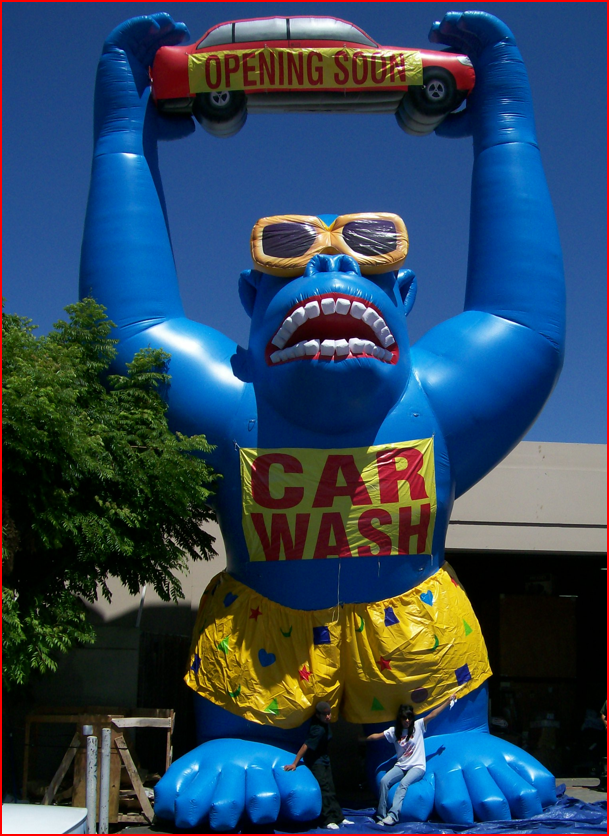 Blue Inflatable Gorilla with Car for Car Wash Opening